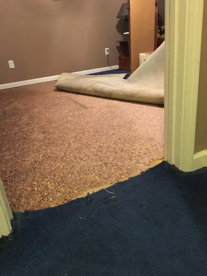 Carpet pad removal revealing water damage during Water Mitigation Services in Fair Oaks Ranch